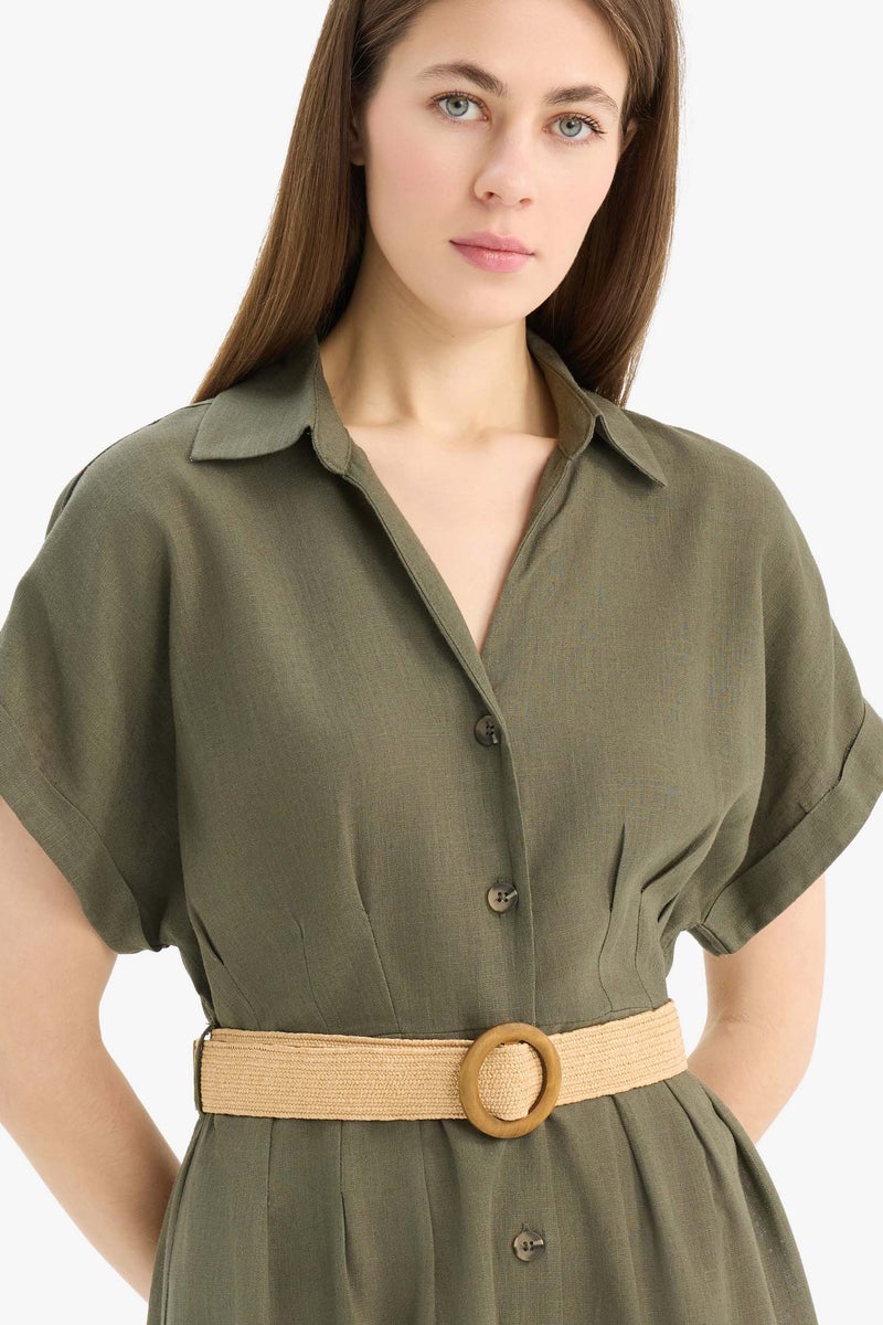 DeFacto Green Woman Shirt Collar Linen Blended Batwing Mini Dress Casual - Image 5